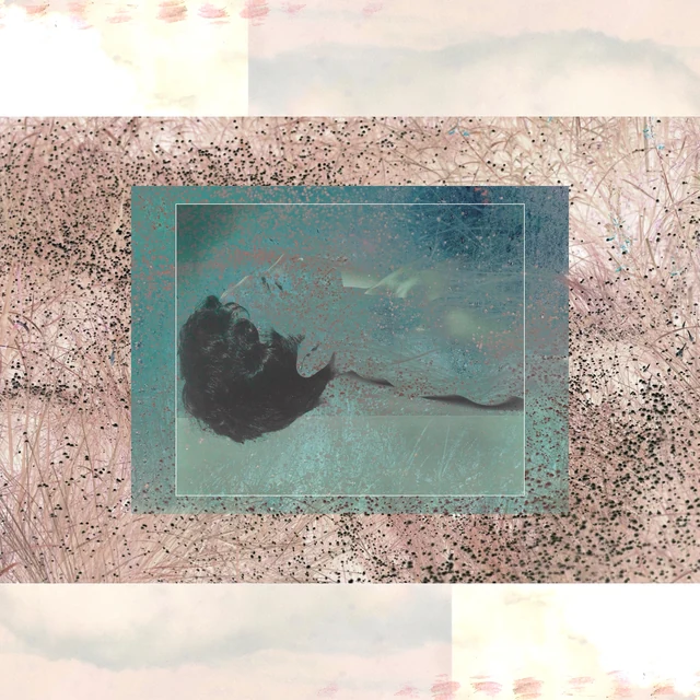 A floating figure in a turquoise rectangle surrounded by pink granular texture and pale washes.