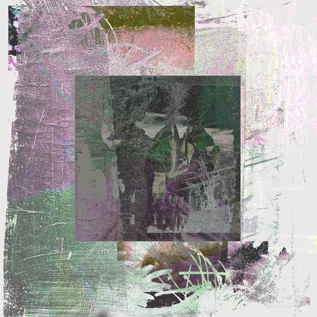 A small botanical photograph inside scuffed layers of pale pink, green and white.