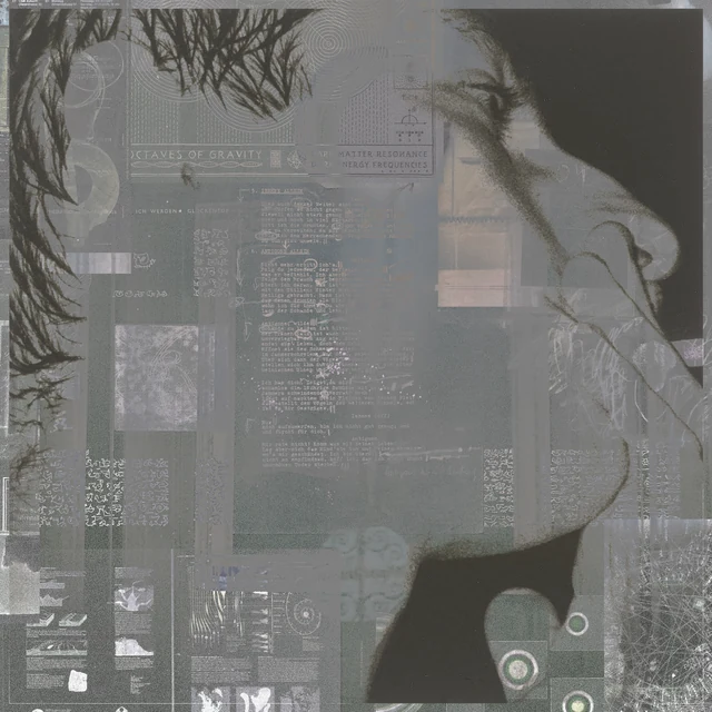 A face in profile layered with grayscale printed matter and fine plant silhouettes.