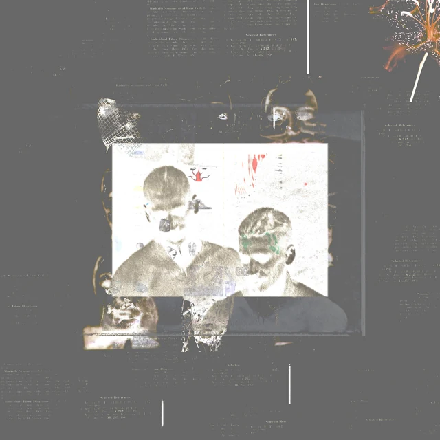 Two pale overlapping portraits suspended in a dark field of fine lines and small photographic fragments.