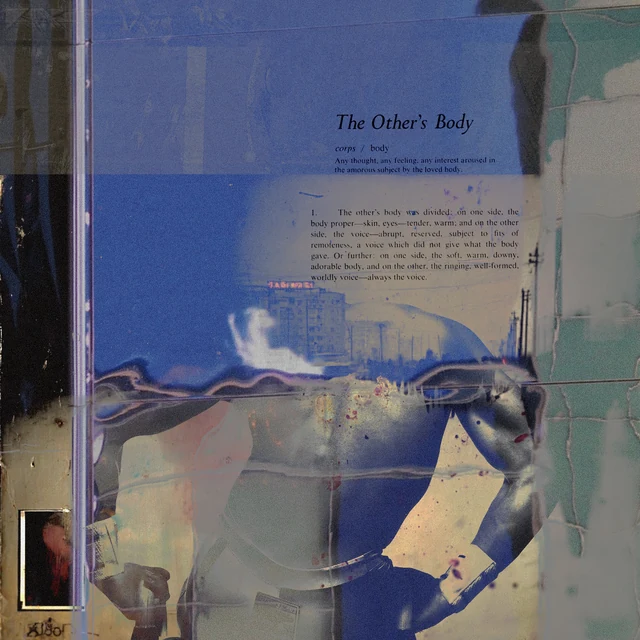 Blue and ochre collage with layered bodies, a book page and the words The Other's Body.