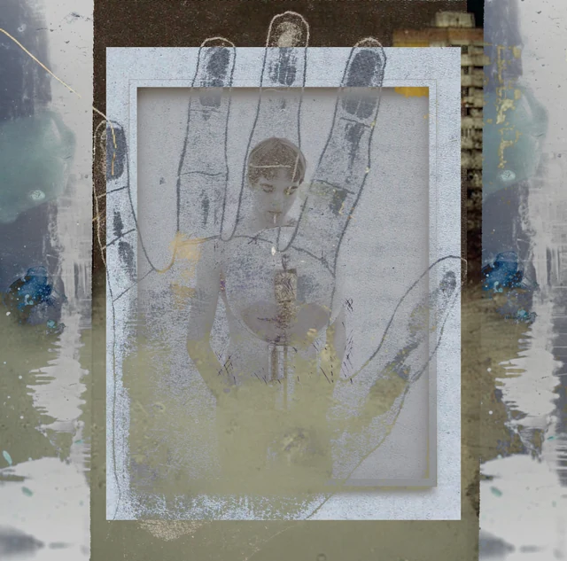 An outlined palm over a small portrait, suspended inside a pale rectangular frame.