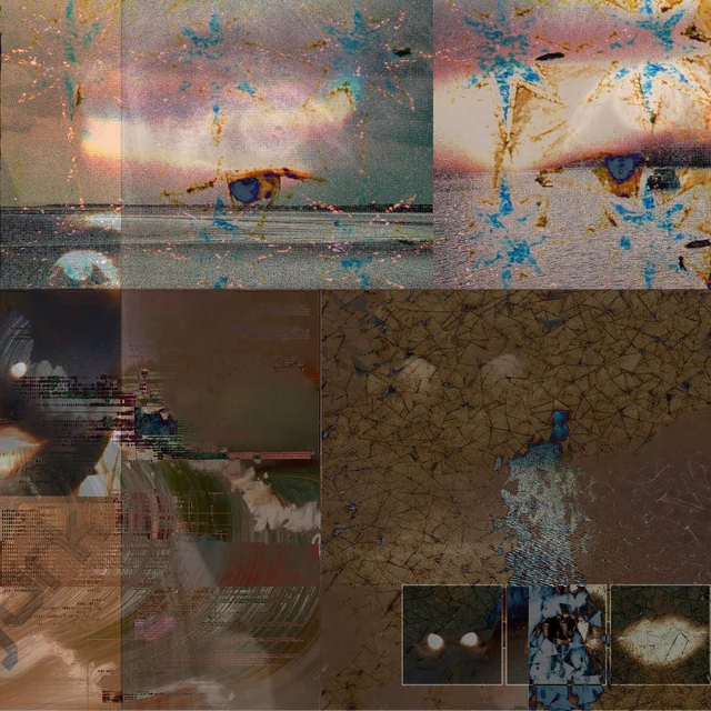 A patchwork of eyes, rust-colored surfaces and small photographic fragments.