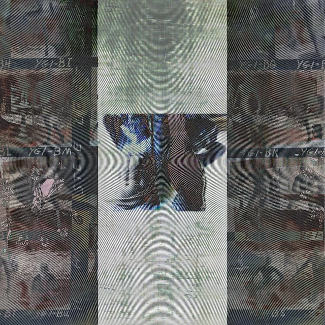 Repeated photographic strips around a pale green vertical band and a dark central fragment.