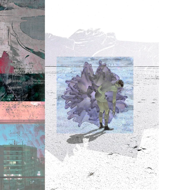 A violet flower on a pale field of paper fragments, with turquoise and coral strips along the left.