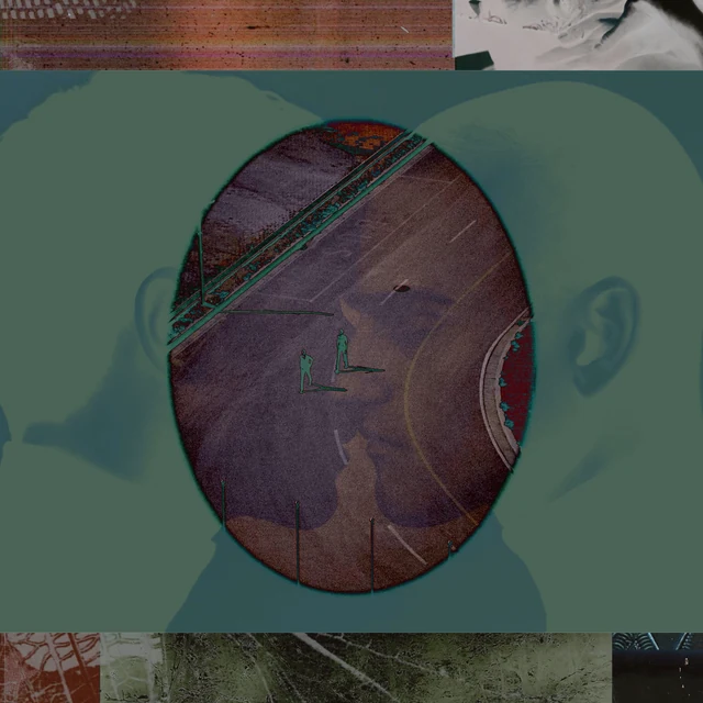 A muted green head silhouette around an oval of burgundy textures and layered facial fragments.